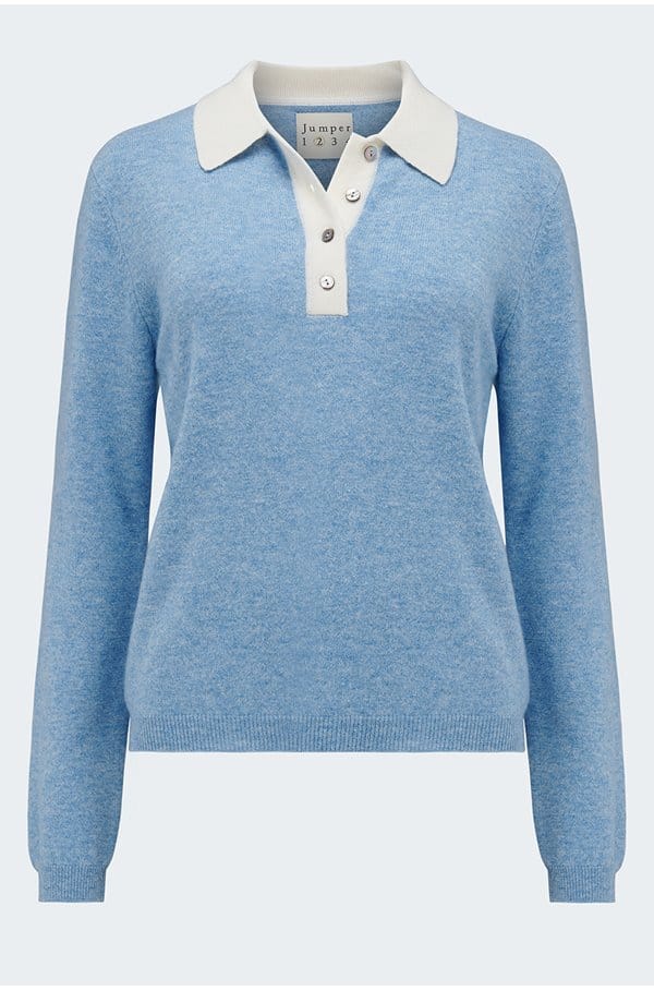 contrast polo jumper in hortensia cloud dancer