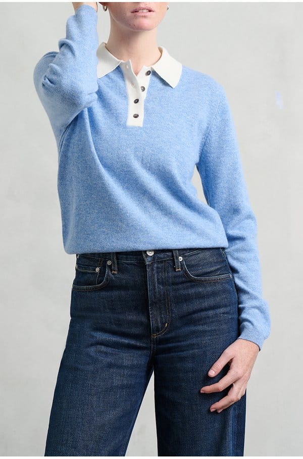 contrast polo jumper in hortensia cloud dancer