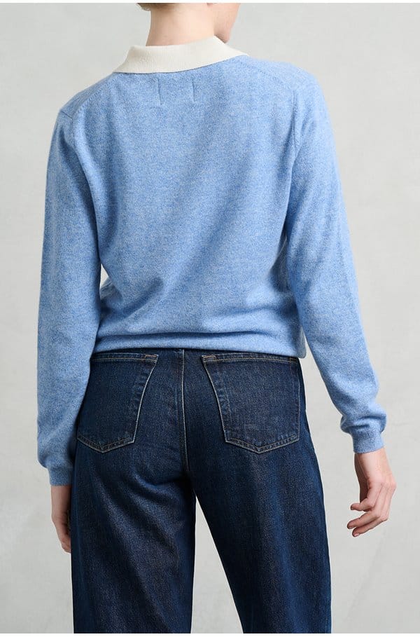 contrast polo jumper in hortensia cloud dancer