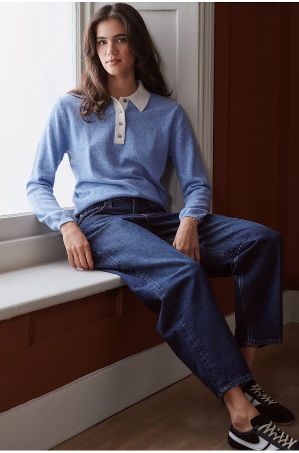 contrast polo jumper in hortensia cloud dancer