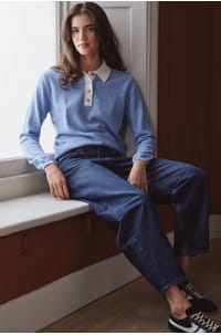 contrast polo jumper in hortensia cloud dancer