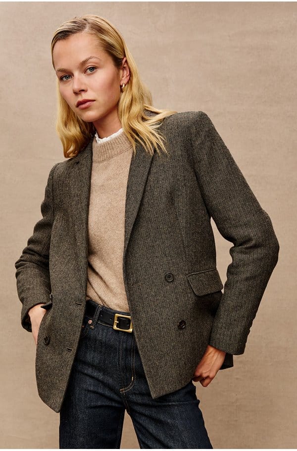 jac blazer in camel black herringbone 