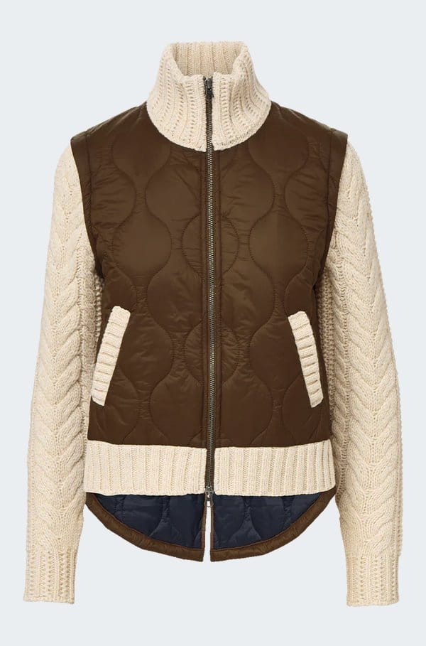 patra knit-sleeve quilted jacket in mocha heathered sand