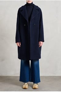 boucle drop shoulder double breasted coat in navy