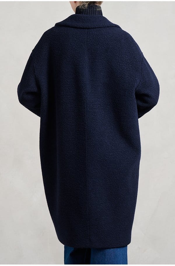boucle drop shoulder double breasted coat in navy