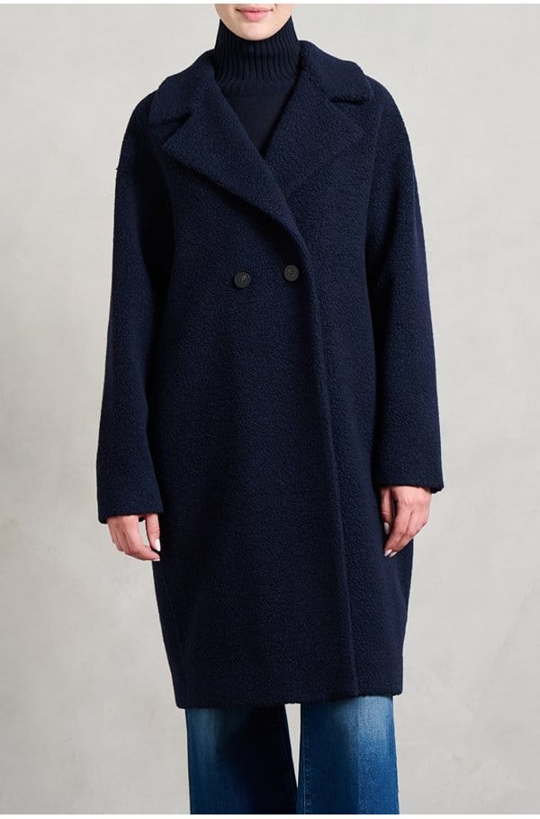 boucle drop shoulder double breasted coat in navy