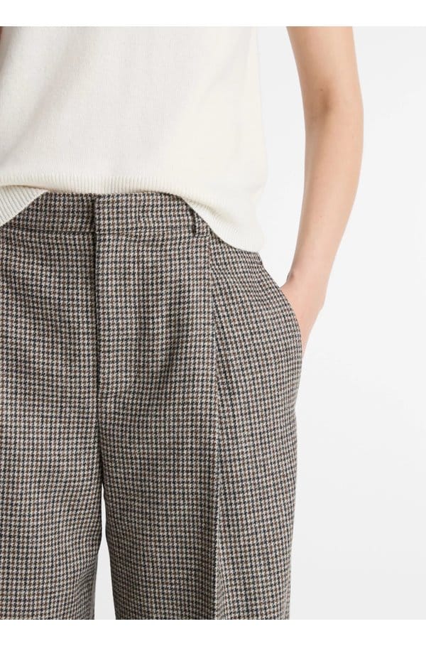 high rise wool blend houndstooth trouser in in cacao houndstooth
