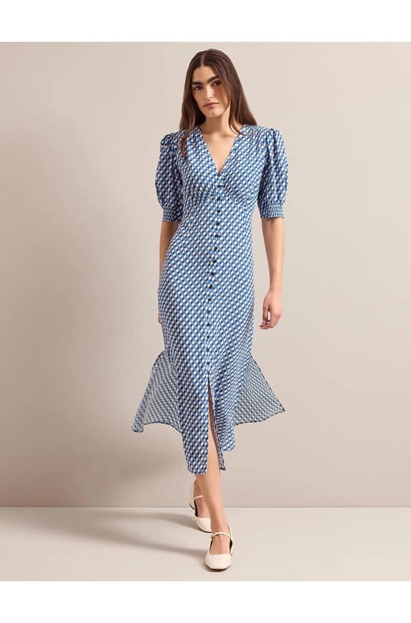 julietta silk dress in blue cream lips