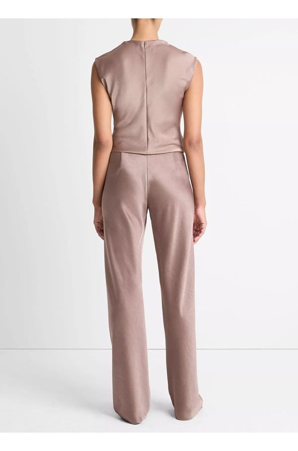 high waist fluid satin bias pant in mauve lilac 