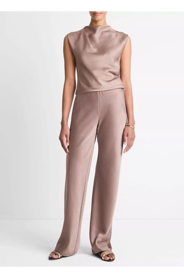 high waist fluid satin bias pant in mauve lilac 