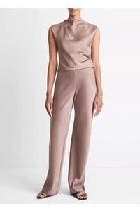 high waist fluid satin bias pant in mauve lilac 