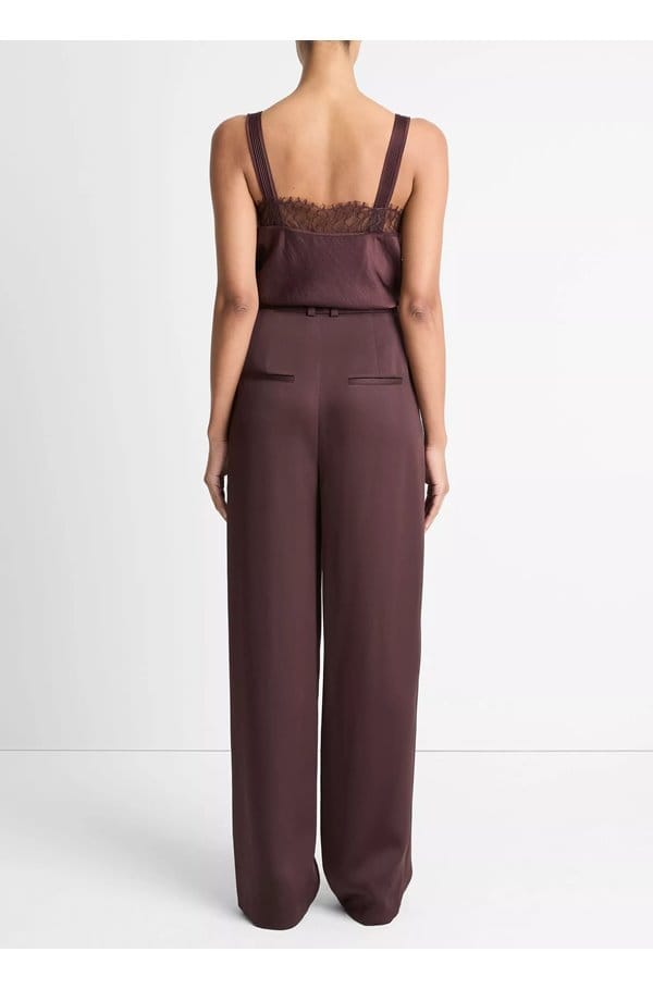 satin mid rise wide leg pleated trouser in dark fig
