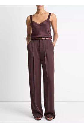 Satin Mid Rise Wide Leg Pleated Trouser In Dark Fig