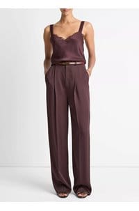 satin mid rise wide leg pleated trouser in dark fig