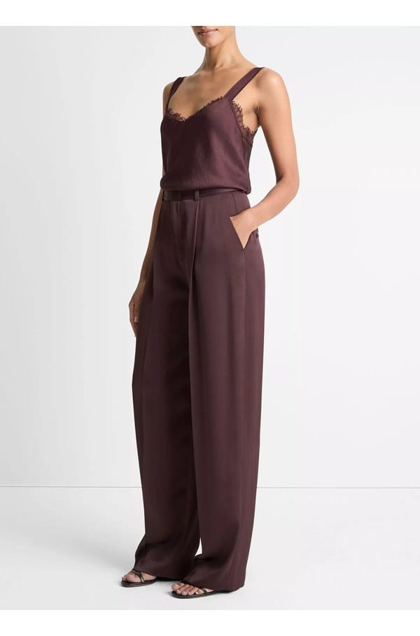 satin mid rise wide leg pleated trouser in dark fig