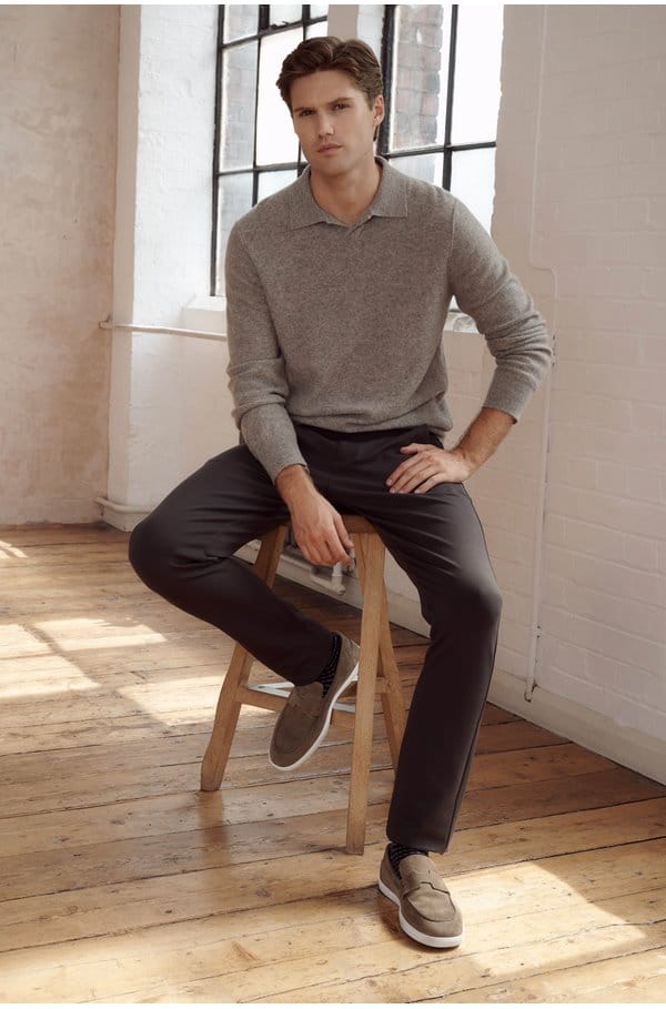 boiled cashmere johnny collar polo in heather mouse