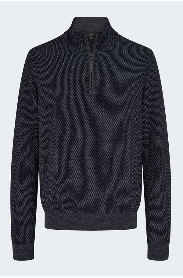geo jacquard quarter zip sweater in coastal blue heather grey