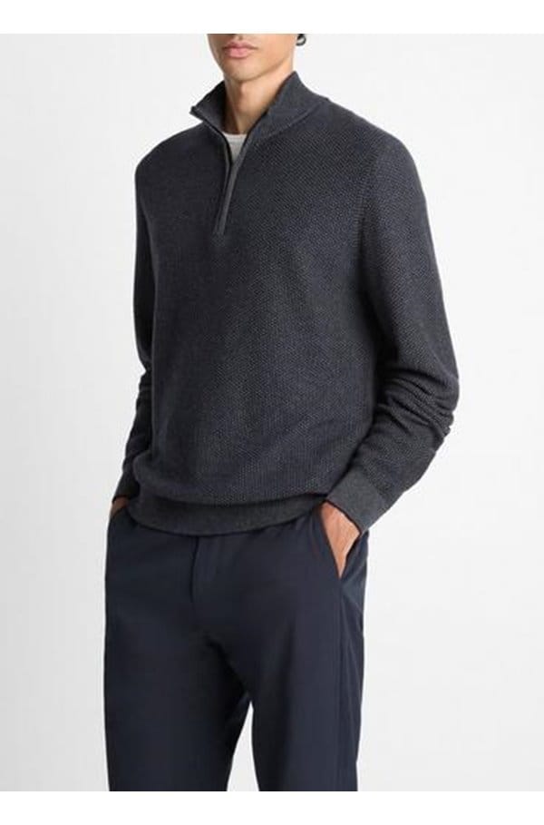 geo jacquard quarter zip sweater in coastal blue heather grey