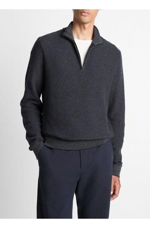 geo jacquard quarter zip sweater in coastal blue heather grey