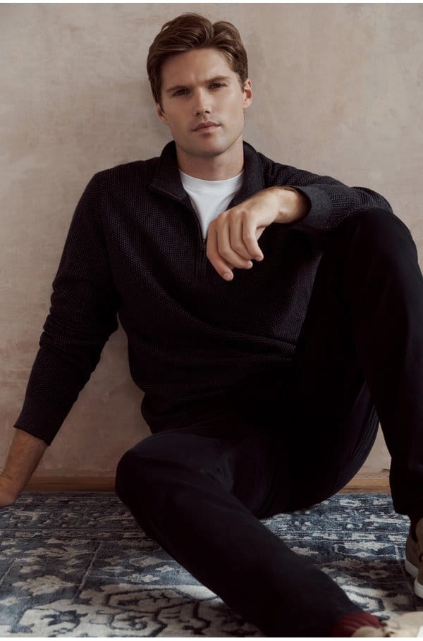 geo jacquard quarter zip sweater in coastal blue heather grey