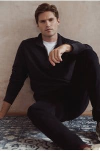 geo jacquard quarter zip sweater in coastal blue heather grey