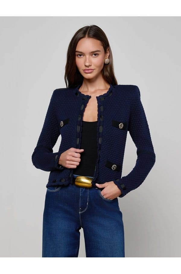 astor contrast trim cardigan in midnight black 