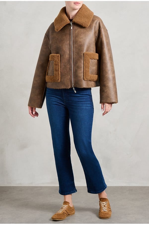 vera reversible shearling jacket in tan