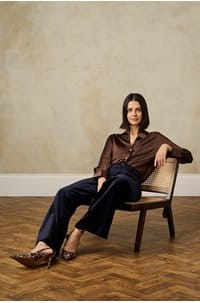 le slim palazzo with modernist pockets in navy velvet