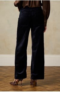 le slim palazzo with modernist pockets in navy velvet