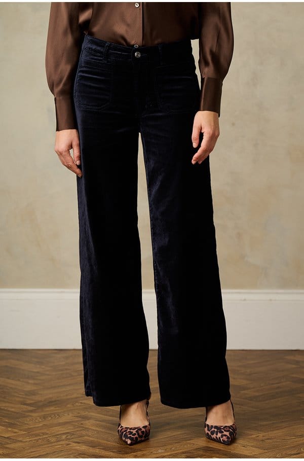 le slim palazzo with modernist pockets in navy velvet