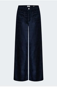 le slim palazzo with modernist pockets in navy velvet