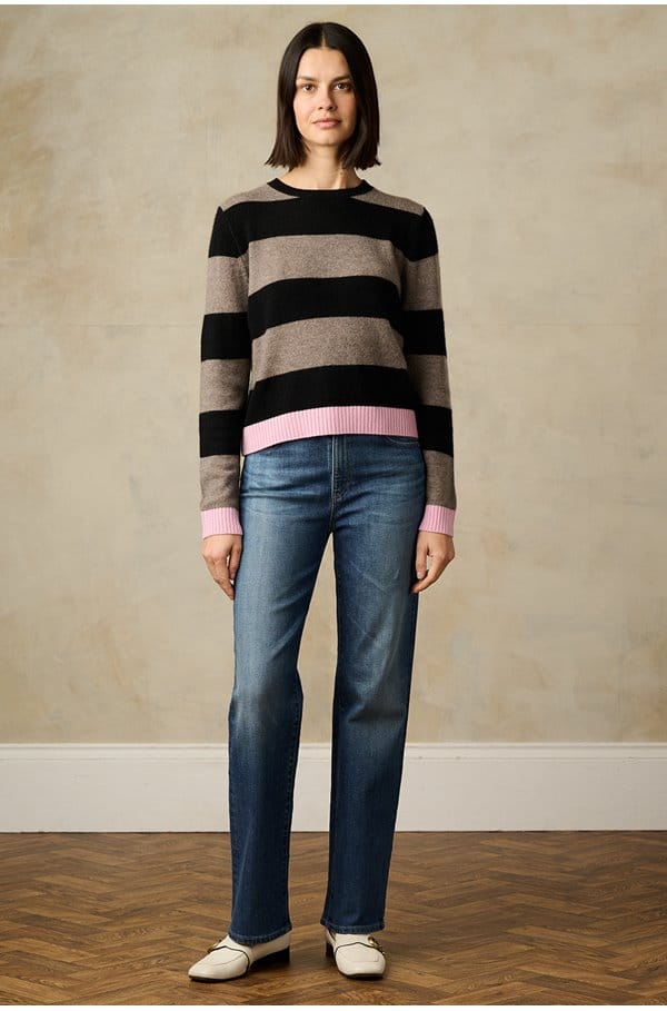 contrast stripe crew in black vapor barbie