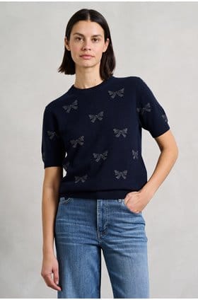 Bow Short Sleeve Crew in Navy