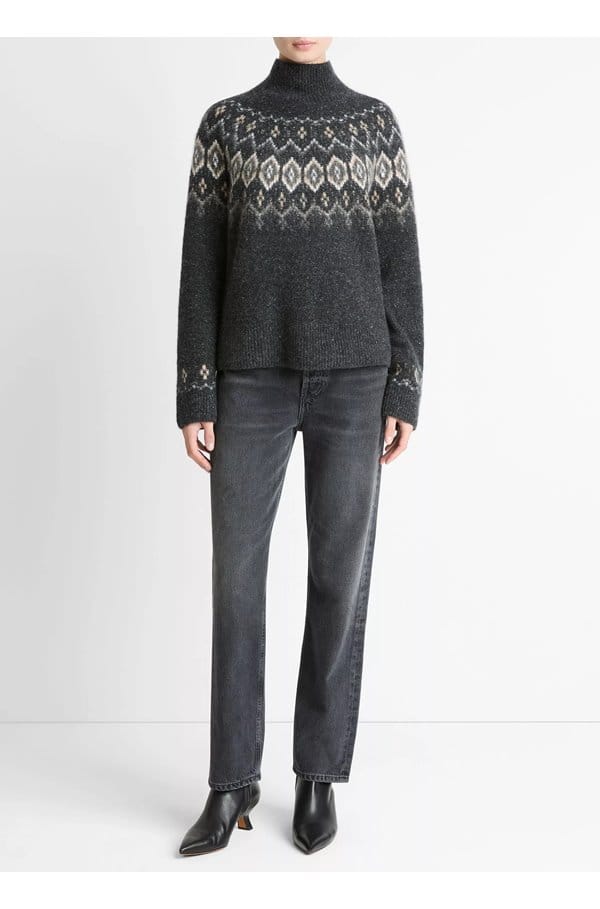 fairisle donegal turtleneck sweater in heather charcoal combo