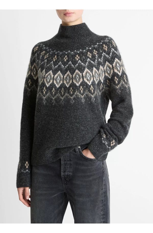fairisle donegal turtleneck sweater in heather charcoal combo