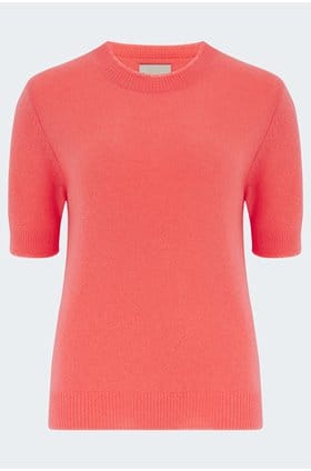 Distressed Knit T-Shirt in Cerise