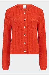 gold button cardigan in red