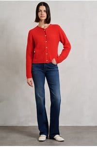 gold button cardigan in red