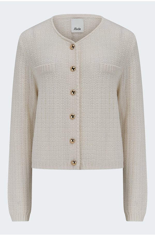 gold button cardigan in white