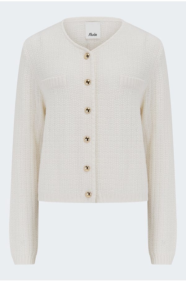 gold button cardigan in white