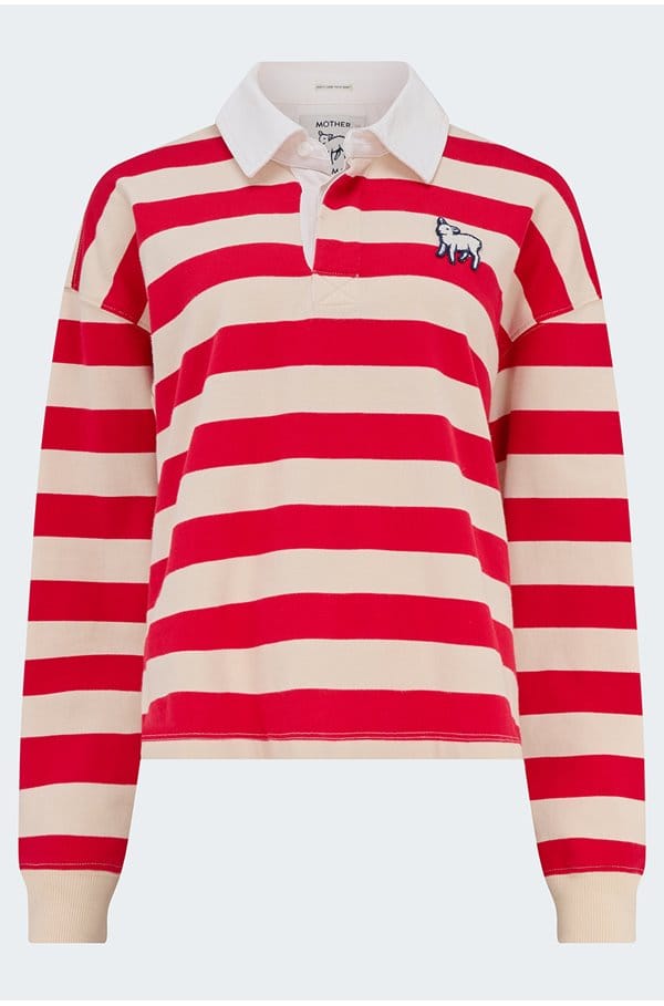 the boxy match rugby top in tango red cream