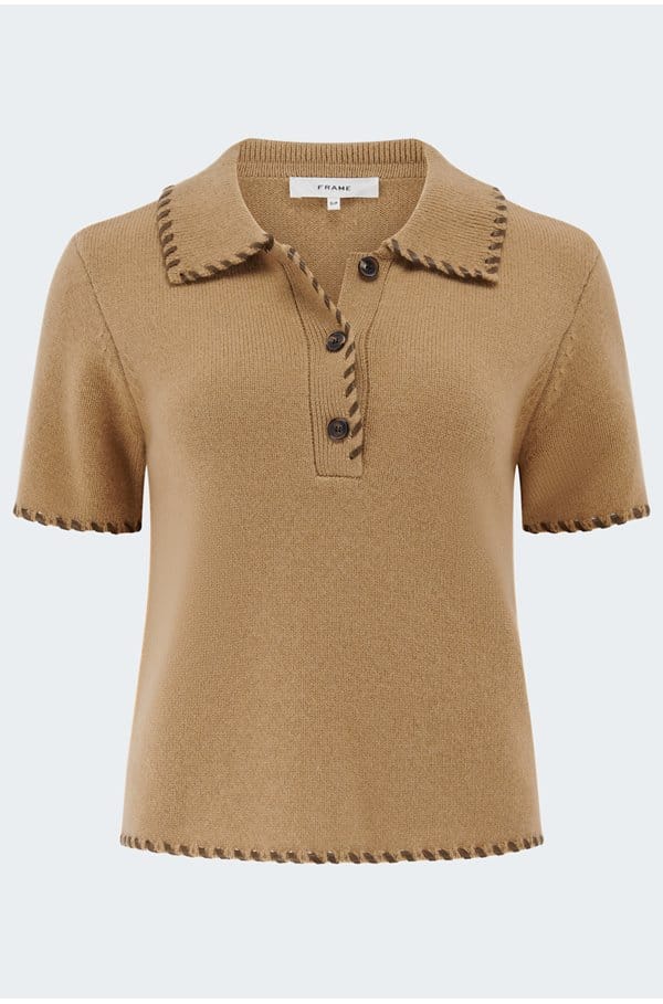 the leather stitch knitted polo in camel