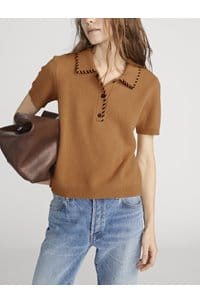 the leather stitch knitted polo in camel