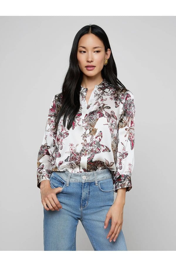 dani blouse in white multi butterfly jungle