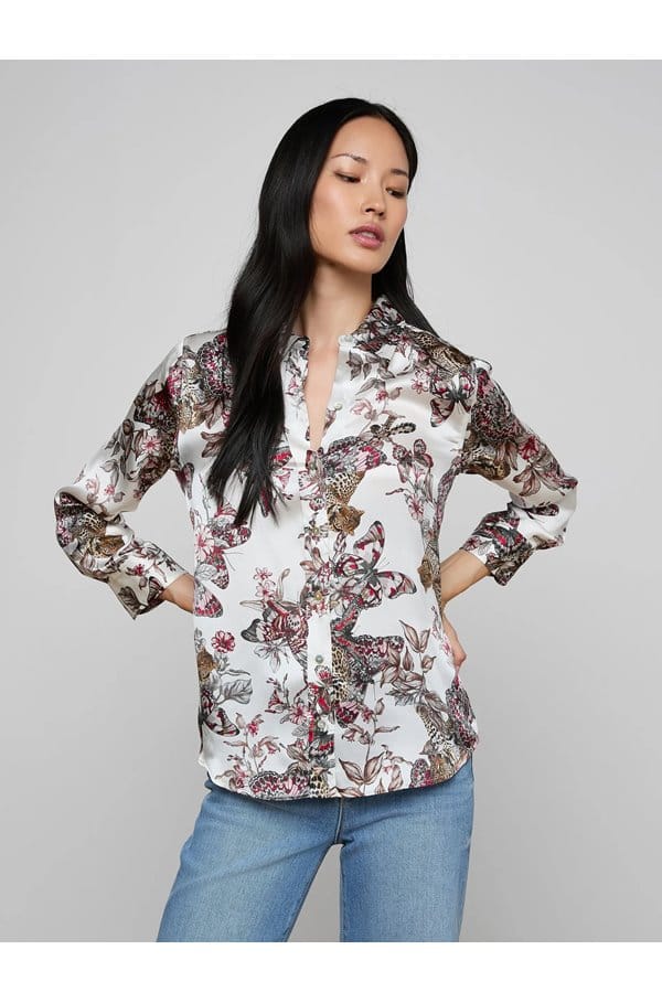 dani blouse in white multi butterfly jungle