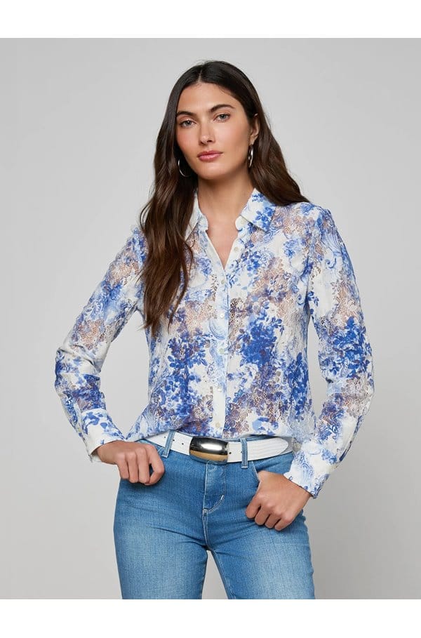 maia lace blouse in blue ivory lace paisley