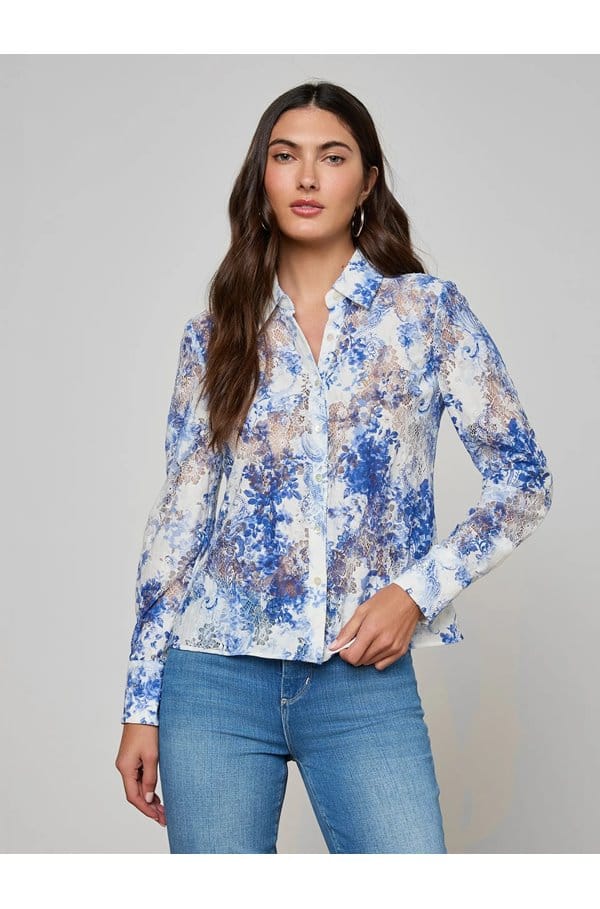 maia lace blouse in blue ivory lace paisley