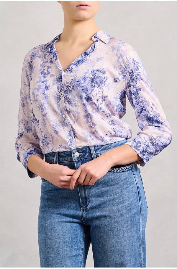 camille blouse in blue ivory lace paisley