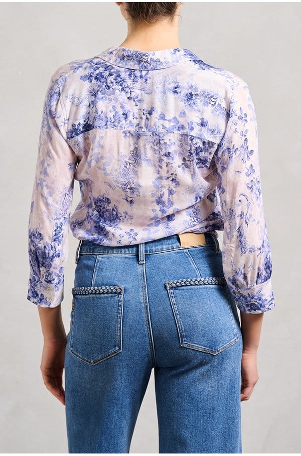 camille blouse in blue ivory lace paisley