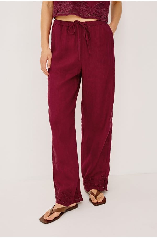 emmie trouser in berry hibiscus embroidery